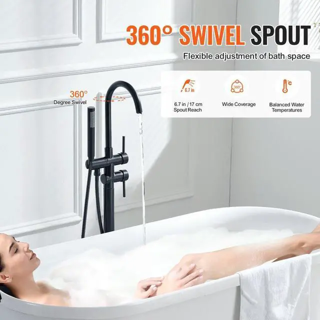 Alt view image 5 of 7 - VEVOR Freestanding Bathtub Faucet, Floor Mount, Freestanding Tub Filler, Shower Mixer Taps, Two Water Modes, 360° Swivel Spout, for Bathing & Showering Pet Bathing Cleaning Drains Toilet Flushing