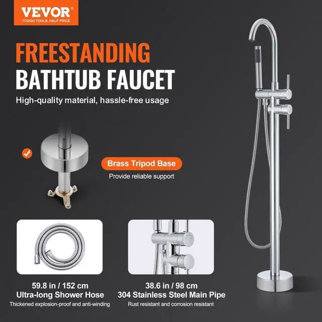 Alt view image 2 of 7 - VEVOR Freestanding Bathtub Faucet Floor Mount Two Water Modes 360° for Bathing
