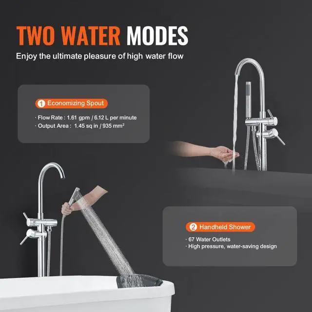 Alt view image 4 of 7 - VEVOR Freestanding Bathtub Faucet Floor Mount Two Water Modes 360° for Bathing