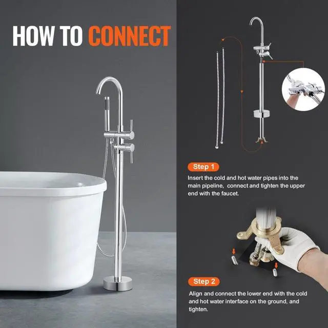 Alt view image 6 of 7 - VEVOR Freestanding Bathtub Faucet Floor Mount Two Water Modes 360° for Bathing