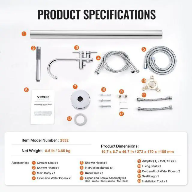 Alt view image 7 of 7 - VEVOR Freestanding Bathtub Faucet Floor Mount Two Water Modes 360° for Bathing