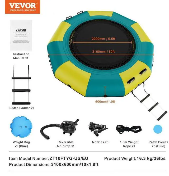 Alt view image 7 of 7 - VEVOR Inflatable Water Bouncer, 10ft Recreational Water Trampoline, Portable Bounce Swim Platform with 3-Step Ladder & Electric Air Pump, Kids Adults Floating Rebounder for Pool, Lake, Water Sports