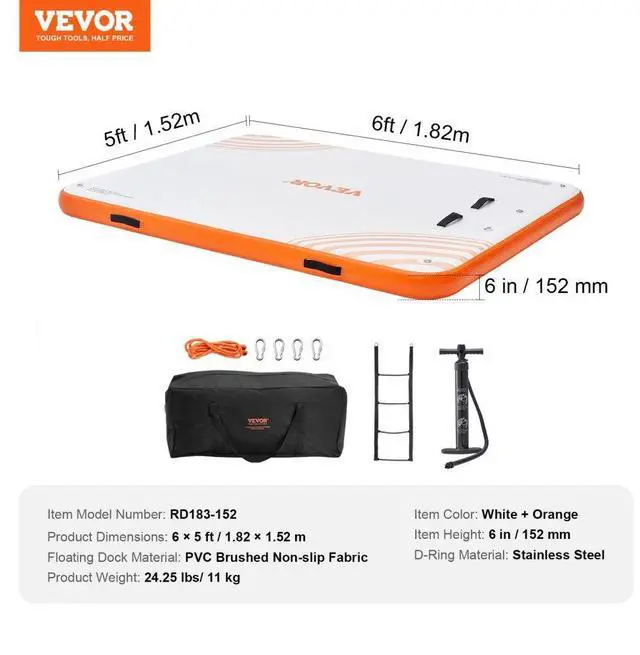 Alt view image 7 of 7 - VEVOR Inflatable Floating Dock, 6 x 5FT Inflatable Dock Platform, Non-Slip Water Floating Dock Mat with Portable Carrying Bag & Detachable Ladder, Floating Platform Island Raft for Pool Beach Ocean