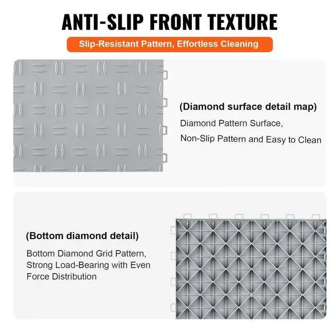 Alt view image 4 of 7 - VEVOR Garage Tiles Interlocking, 12 x 12 x 0.53 inch 50 Pack Garage Floor Covering Tiles, Non-Slip Double-Sided Texture Garage Flooring Tiles, for Garages, Basements, Repair Shops, Silver
