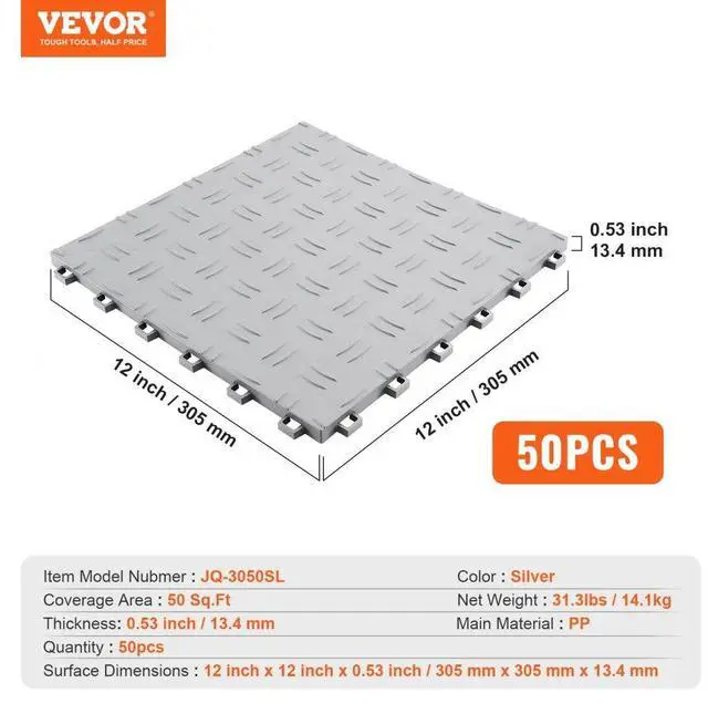 Alt view image 7 of 7 - VEVOR Garage Tiles Interlocking, 12 x 12 x 0.53 inch 50 Pack Garage Floor Covering Tiles, Non-Slip Double-Sided Texture Garage Flooring Tiles, for Garages, Basements, Repair Shops, Silver