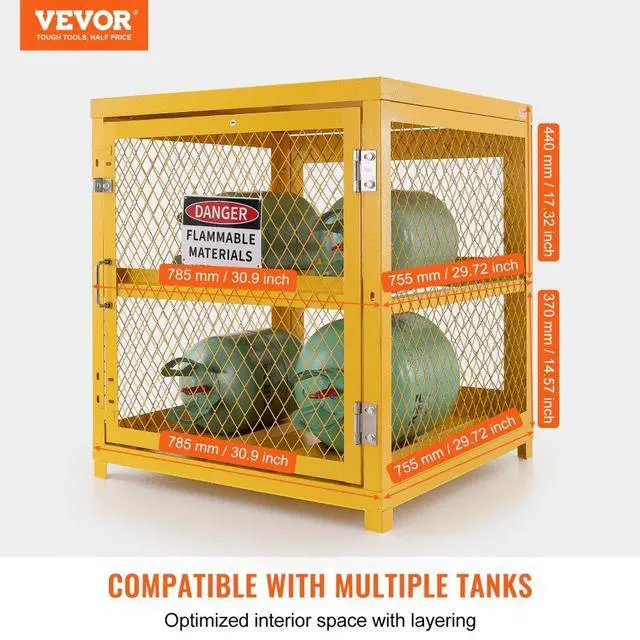 Alt view image 2 of 7 - VEVOR Horizontal Cylinder Storage Cabinet, 4 x 33 lbs Cylinder Capacity, 31.02x30.04x35 inch Propane Storage Cage, Gas Cylinder Cabinet, Yellow Powder Coat Finish, for Freon, Gases, Oxygen, Nitrogen