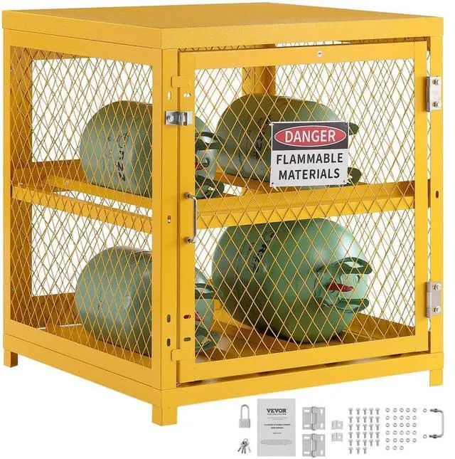 Main image of VEVOR Horizontal Cylinder Storage Cabinet, 4 x 33 lbs Cylinder Capacity, 31.02x30.04x35 inch Propane Storage Cage, Gas Cylinder Cabinet, Yellow Powder Coat Finish, for Freon, Gases, Oxygen, Nitrogen