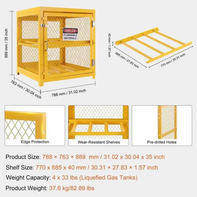 Alt view image 7 of 7 - VEVOR Horizontal Cylinder Storage Cabinet, 4 x 33 lbs Cylinder Capacity, 31.02x30.04x35 inch Propane Storage Cage, Gas Cylinder Cabinet, Yellow Powder Coat Finish, for Freon, Gases, Oxygen, Nitrogen