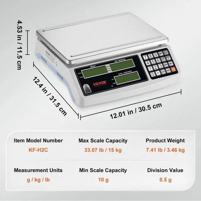 Alt view image 7 of 7 - VEVOR Industrial Counting Scale, 15 kg x 0.5 g, Digital Scale for Parts and Coins, g/kg/lb Units, Electronic Gram Scale Inventory Counting Scale Kitchen Jewelry Scale with RS232 Port and 3 LCD Screens