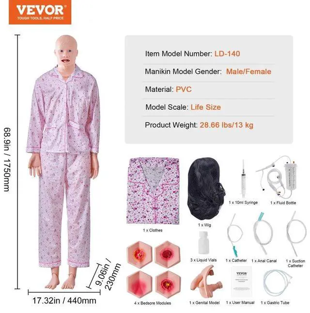 Alt view image 7 of 7 - VEVOR Nursing Training Manikin, Male/Female Life Size Demonstration Human Manikin for Nursing Training, Multifunctional Education Teaching Model, PVC Anatomical Mannequin Body Care Simulator Model