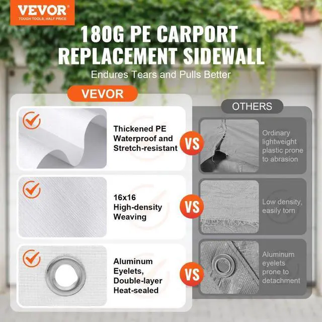 Alt view image 2 of 7 - VEVOR Carport Replacement Canopy Cover Side Wall 10 x 20 ft, Garage Tent Shelter Tarp Heavy-Duty Waterproof & UV Protected, Easy Installation with Ball Bungees,White (Top and Frame Not Included)