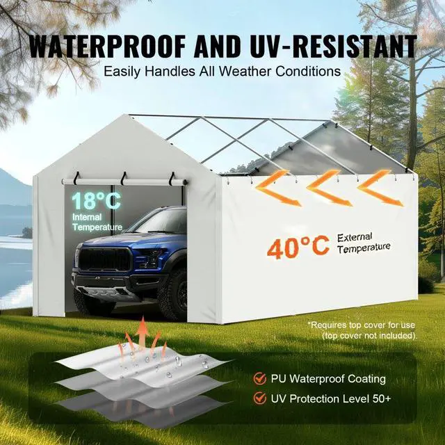 Alt view image 3 of 7 - VEVOR Carport Replacement Canopy Cover Side Wall 10 x 20 ft, Garage Tent Shelter Tarp Heavy-Duty Waterproof & UV Protected, Easy Installation with Ball Bungees,White (Top and Frame Not Included)