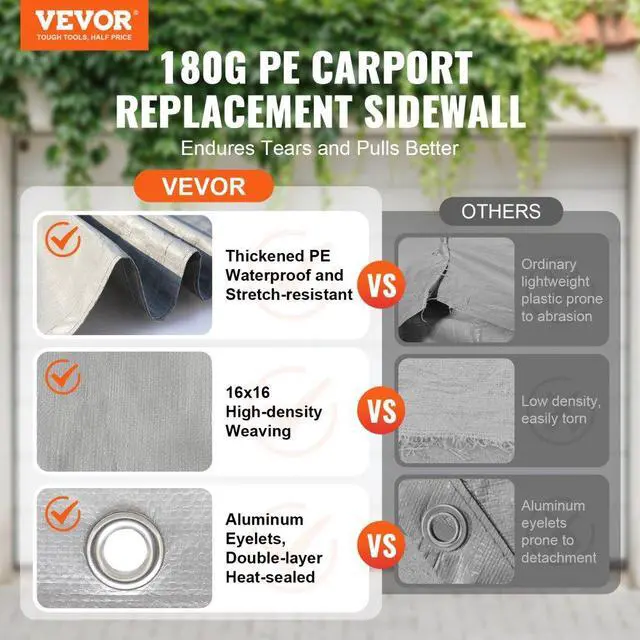 Alt view image 2 of 7 - VEVOR Carport Replacement Canopy Cover Side Wall 12 x 20 ft, Garage Tent Shelter Tarp Heavy-Duty Waterproof & UV Protected, Easy Installation with Ball Bungees,Grey (Top and Frame Not Included)