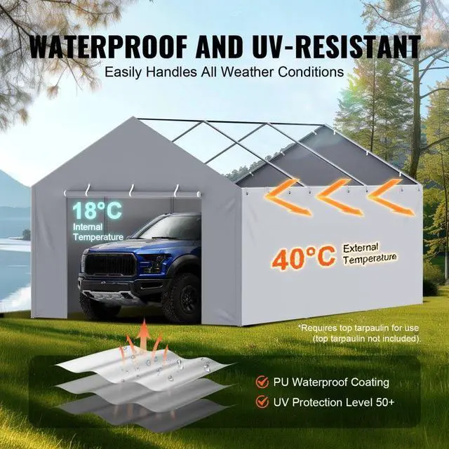 Alt view image 3 of 7 - VEVOR Carport Replacement Canopy Cover Side Wall 12 x 20 ft, Garage Tent Shelter Tarp Heavy-Duty Waterproof & UV Protected, Easy Installation with Ball Bungees,Grey (Top and Frame Not Included)
