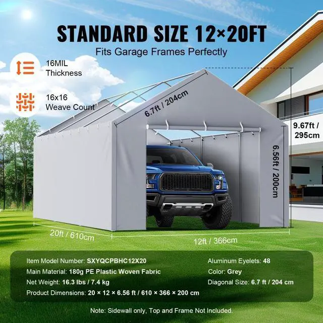 Alt view image 4 of 7 - VEVOR Carport Replacement Canopy Cover Side Wall 12 x 20 ft, Garage Tent Shelter Tarp Heavy-Duty Waterproof & UV Protected, Easy Installation with Ball Bungees,Grey (Top and Frame Not Included)