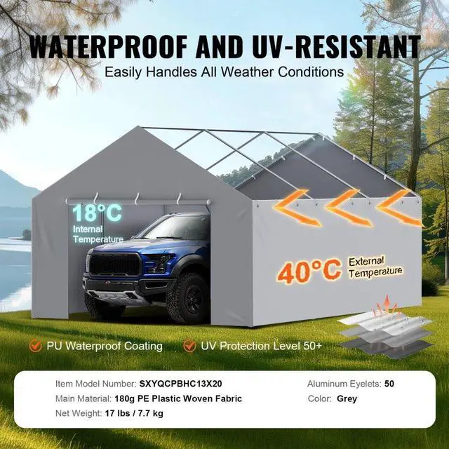 Alt view image 3 of 7 - VEVOR Carport Replacement Canopy Cover Side Wall 13 x 20 ft, Garage Tent Shelter Tarp Heavy-Duty Waterproof & UV Protected, Easy Installation with Ball Bungees,Grey (Top and Frame Not Included)