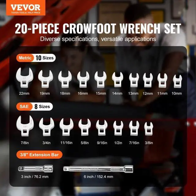 Alt view image 2 of 14 - VEVOR Crowfoot Wrench Set, 3/8" Drive 20-Piece Crows Foot Wrench Set with 2 Extension Bars and EVA Tool Organizer,40CR Material with Mirror Chrome Finish, SAE 3/8"-7/8" and Metric 10-22 mm,