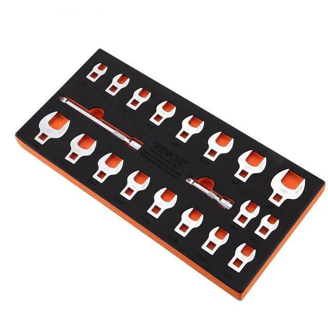 Main image of VEVOR Crowfoot Wrench Set, 3/8" Drive 20-Piece Crows Foot Wrench Set with 2 Extension Bars and EVA Tool Organizer,40CR Material with Mirror Chrome Finish, SAE 3/8"-7/8" and Metric 10-22 mm,