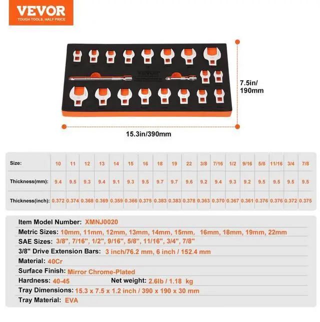 Alt view image 7 of 14 - VEVOR Crowfoot Wrench Set, 3/8" Drive 20-Piece Crows Foot Wrench Set with 2 Extension Bars and EVA Tool Organizer,40CR Material with Mirror Chrome Finish, SAE 3/8"-7/8" and Metric 10-22 mm,