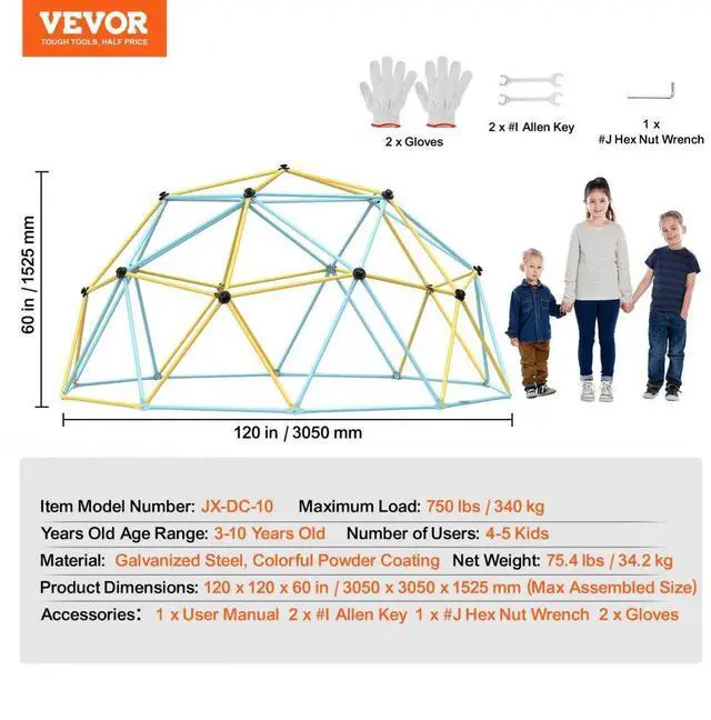 Alt view image 7 of 7 - VEVOR Climbing Dome, Jungle Gym Supports 750LBS and Easy Assembly, 10FT Geometric Dome Climber Play Center for Kids 3 to 10 Years Old,with Climbing Grip, Outdoor Backyard Play Equipment for Kids
