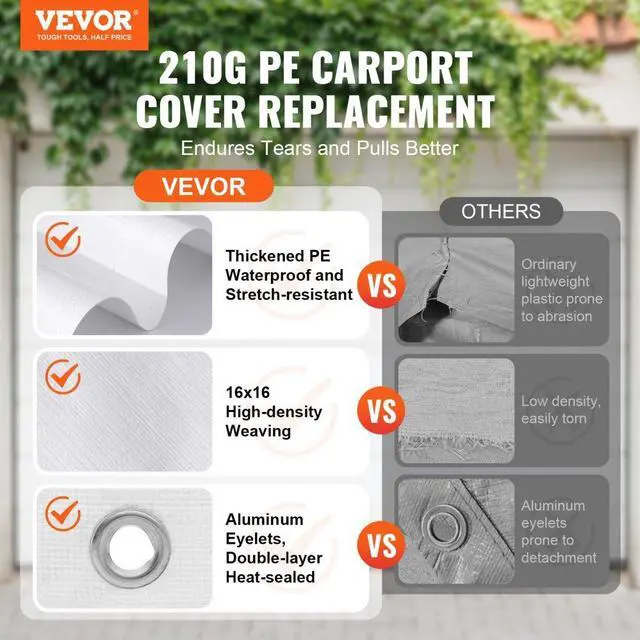 Alt view image 2 of 7 - VEVOR 10 x 20 ft Carport Replacement Canopy Cover, Garage Top Tent Shelter Tarp Heavy-Duty Waterproof & UV Protected, Easy Installation with 40 Ball Bungeess (Only Top Cover, Frame Not Include), White