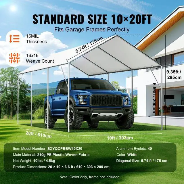 Alt view image 4 of 7 - VEVOR 10 x 20 ft Carport Replacement Canopy Cover, Garage Top Tent Shelter Tarp Heavy-Duty Waterproof & UV Protected, Easy Installation with 40 Ball Bungeess (Only Top Cover, Frame Not Include), White