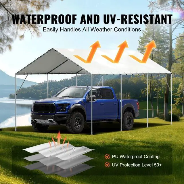 Alt view image 3 of 7 - VEVOR 10 x 20 ft Carport Replacement Canopy Cover, Garage Top Tent Shelter Tarp Heavy-Duty Waterproof & UV Protected, Easy Installation with 40 Ball Bungeess (Only Top Cover, Frame Not Include), White