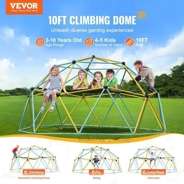 Alt view image 2 of 7 - VEVOR  Climbing Dome, for Kids 3 to 10 Years Old,10FT Geometric Dome Climber with Hammock and Swing,  Jungle Gym Supports 750LBS and Easy Assembly, with Climbing Grip, Outdoor Backyard Play Equipment