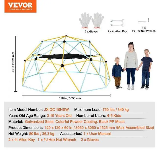 Alt view image 7 of 7 - VEVOR  Climbing Dome, for Kids 3 to 10 Years Old,10FT Geometric Dome Climber with Hammock and Swing,  Jungle Gym Supports 750LBS and Easy Assembly, with Climbing Grip, Outdoor Backyard Play Equipment