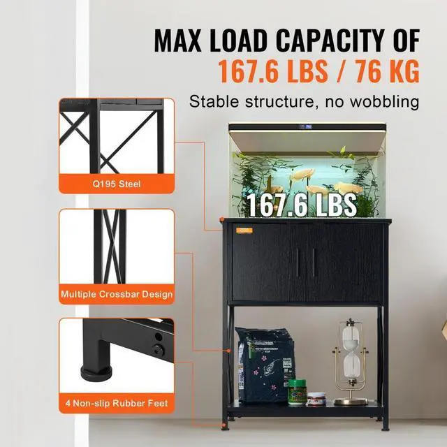 Alt view image 3 of 7 - VEVOR Aquarium Stand, 20 Gallon Fish Tank Stand, 25.6 x 16.5 x 31.9 in Steel and MDF Turtle Tank Stand, 167.6 lbs Load Capacity, Reptile Tank Stand with Storage Cabinet and Embedded Power Panel, Black