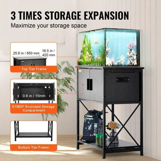 Alt view image 4 of 7 - VEVOR Aquarium Stand, 20 Gallon Fish Tank Stand, 25.6 x 16.5 x 31.9 in Steel and MDF Turtle Tank Stand, 167.6 lbs Load Capacity, Reptile Tank Stand with Storage Cabinet and Embedded Power Panel, Black