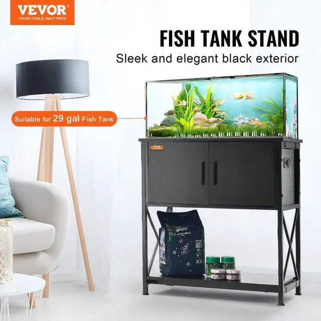 Alt view image 2 of 7 - VEVOR Aquarium Stand, 29 Gallon Fish Tank Stand, 28.7 x 16.5 x 30 in Steel and MDF Turtle Tank Stand, 242.5 lbs Load Capacity, Reptile Tank Stand with Storage Cabinet and Embedded Power Panel, Black