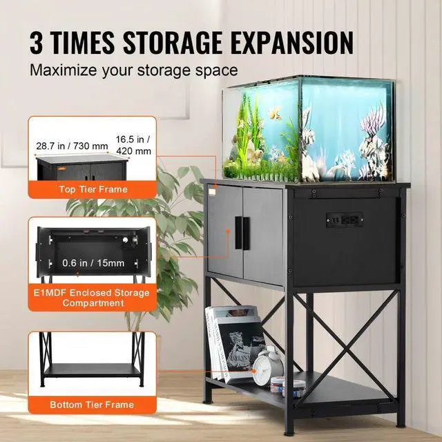 Alt view image 4 of 7 - VEVOR Aquarium Stand, 29 Gallon Fish Tank Stand, 28.7 x 16.5 x 30 in Steel and MDF Turtle Tank Stand, 242.5 lbs Load Capacity, Reptile Tank Stand with Storage Cabinet and Embedded Power Panel, Black