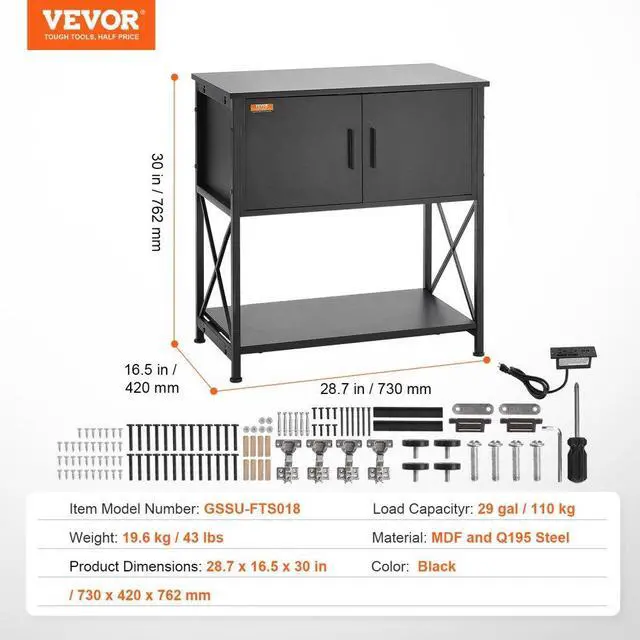 Alt view image 7 of 7 - VEVOR Aquarium Stand, 29 Gallon Fish Tank Stand, 28.7 x 16.5 x 30 in Steel and MDF Turtle Tank Stand, 242.5 lbs Load Capacity, Reptile Tank Stand with Storage Cabinet and Embedded Power Panel, Black
