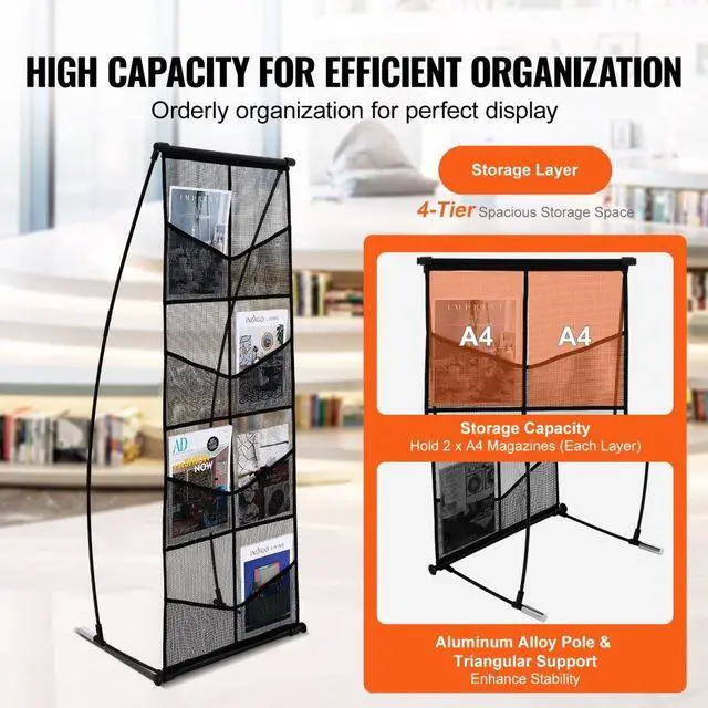 Alt view image 3 of 7 - VEVOR  Brochure Display Stand, 4-Tier 8 Pockets Mesh Literature Display Holder, Floor Standing Magazine Newspaper Catalog Rack, Lightweight & Portable with Carrying Bag for Shop Exhibitions Office