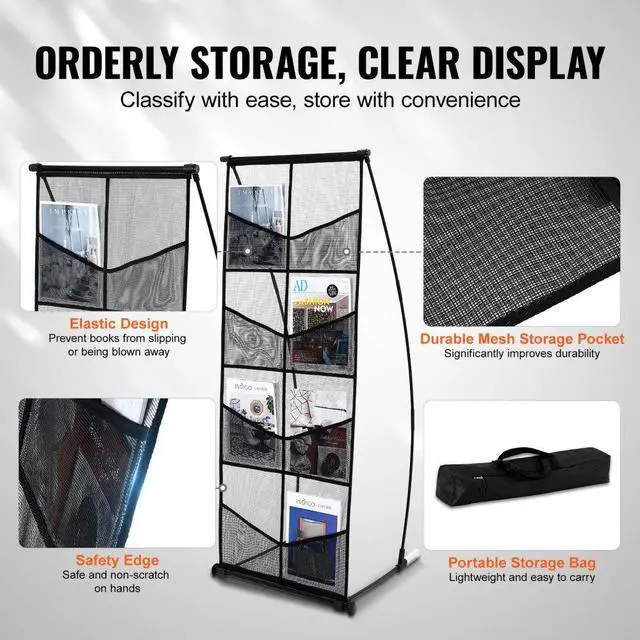 Alt view image 4 of 7 - VEVOR  Brochure Display Stand, 4-Tier 8 Pockets Mesh Literature Display Holder, Floor Standing Magazine Newspaper Catalog Rack, Lightweight & Portable with Carrying Bag for Shop Exhibitions Office