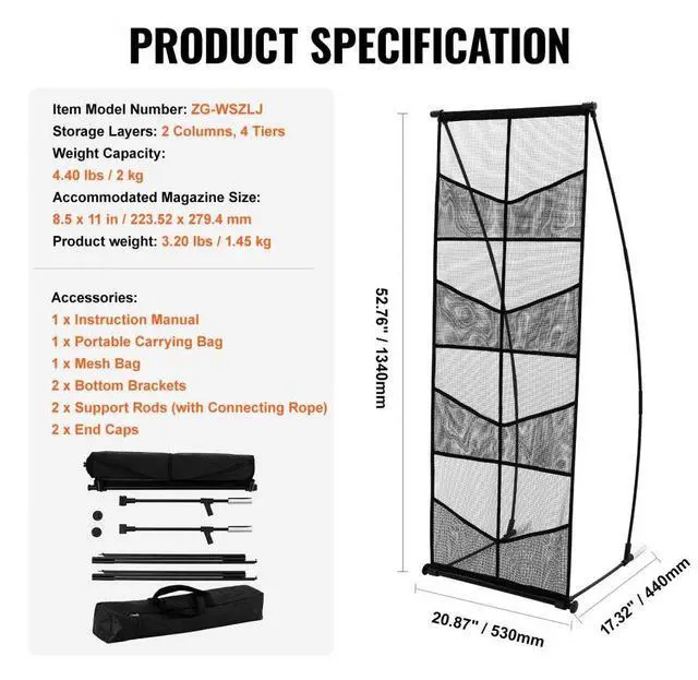 Alt view image 7 of 7 - VEVOR  Brochure Display Stand, 4-Tier 8 Pockets Mesh Literature Display Holder, Floor Standing Magazine Newspaper Catalog Rack, Lightweight & Portable with Carrying Bag for Shop Exhibitions Office