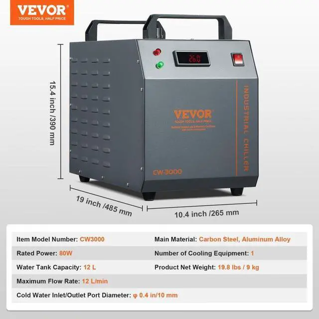 Alt view image 7 of 7 - VEVOR  Industrial Water Chiller, CW-3000, 80W Air-Cooled Industrial Water Cooler Cooling System with 12 L Water Tank Capacity 12 L/min Maximum Flow Rate, for Laser Engraving Machine Cooling Machine