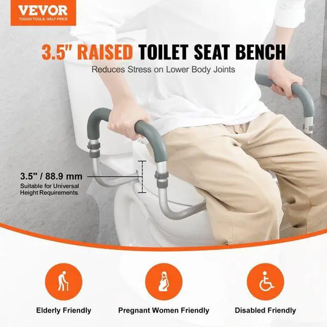 Alt view image 2 of 7 - VEVOR Raised Toilet Seat, 3.5" Height Raised, 300 lbs Weight Capacity, for Standard Round Toilet, Aluminum Handrail, with EVA Armrest Padding, for Elderly, Handicap, Patient, Pregnant, Medical