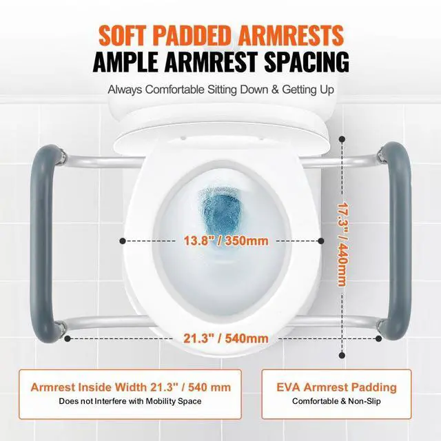 Alt view image 4 of 7 - VEVOR Raised Toilet Seat, 3.5" Height Raised, 300 lbs Weight Capacity, for Standard Round Toilet, Aluminum Handrail, with EVA Armrest Padding, for Elderly, Handicap, Patient, Pregnant, Medical
