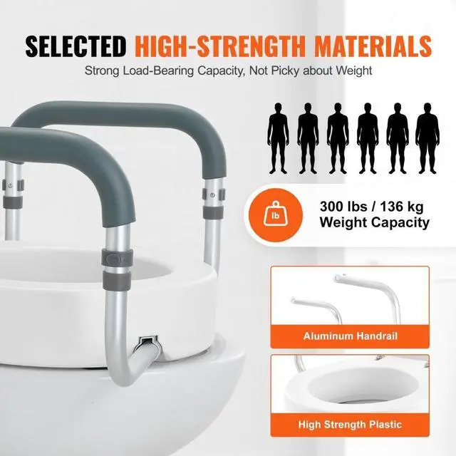 Alt view image 5 of 7 - VEVOR Raised Toilet Seat, 3.5" Height Raised, 300 lbs Weight Capacity, for Standard Round Toilet, Aluminum Handrail, with EVA Armrest Padding, for Elderly, Handicap, Patient, Pregnant, Medical