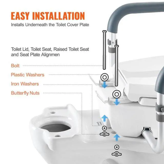Alt view image 6 of 7 - VEVOR Raised Toilet Seat, 3.5" Height Raised, 300 lbs Weight Capacity, for Standard Round Toilet, Aluminum Handrail, with EVA Armrest Padding, for Elderly, Handicap, Patient, Pregnant, Medical