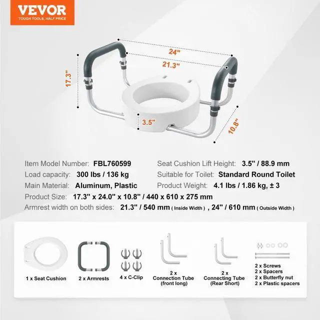 Alt view image 7 of 7 - VEVOR Raised Toilet Seat, 3.5" Height Raised, 300 lbs Weight Capacity, for Standard Round Toilet, Aluminum Handrail, with EVA Armrest Padding, for Elderly, Handicap, Patient, Pregnant, Medical