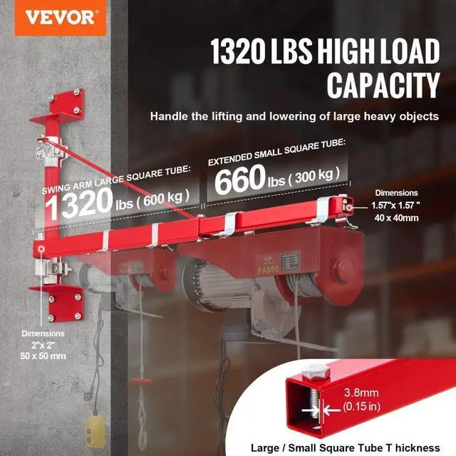 Alt view image 2 of 14 - VEVOR Electric Hoist Support Arm, 1320 lbs Max Load Capacity, Electric Hoist Holder Swing Arm with Pole, Steel Hoist Frame, 180° Swivel Scaffold Hoist Lifting Arm, Winch Hoist Arm for Workshop, Garage