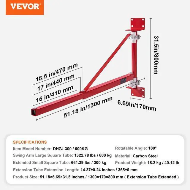 Alt view image 7 of 14 - VEVOR Electric Hoist Support Arm, 1320 lbs Max Load Capacity, Electric Hoist Holder Swing Arm with Pole, Steel Hoist Frame, 180° Swivel Scaffold Hoist Lifting Arm, Winch Hoist Arm for Workshop, Garage