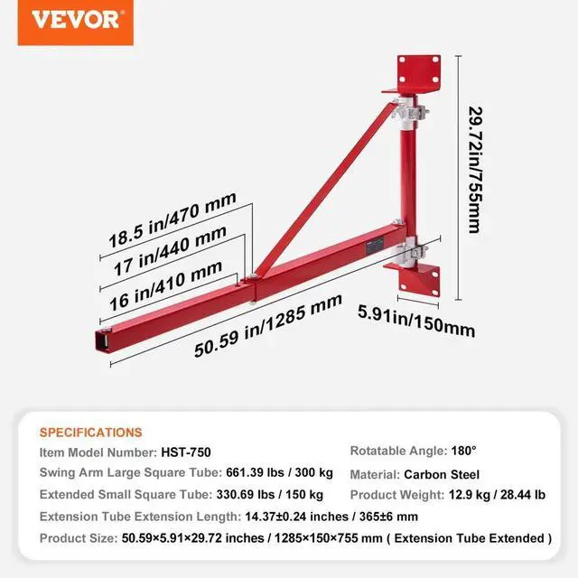Alt view image 7 of 14 - VEVOR Electric Hoist Support Arm, 660 lbs Max Load Capacity, Electric Hoist Holder Swing Arm with Pole, Steel Hoist Frame, 180° Swivel Scaffold Hoist Lifting Arm, Winch Hoist Arm for Workshop, Garage