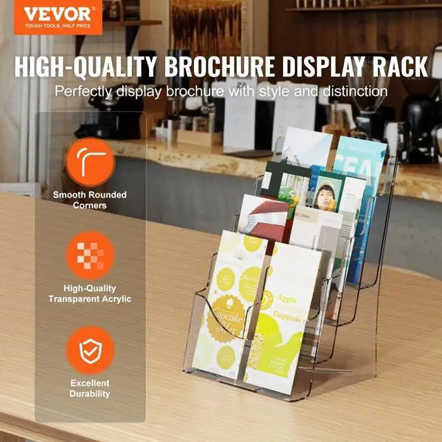 Alt view image 2 of 7 - VEVOR Acrylic Brochure Holder 8.5 x 11 inch, 4-Tier Clear Acrylic Literature Display Stand, Plastic Literature Organizer Flyer Stand & Removable Divider for Office Exhibition, Countertop or Wall Mount