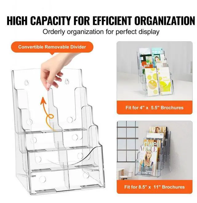 Alt view image 3 of 7 - VEVOR Acrylic Brochure Holder 8.5 x 11 inch, 4-Tier Clear Acrylic Literature Display Stand, Plastic Literature Organizer Flyer Stand & Removable Divider for Office Exhibition, Countertop or Wall Mount