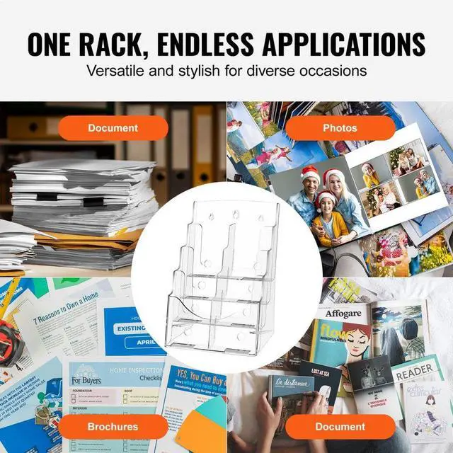 Alt view image 6 of 7 - VEVOR Acrylic Brochure Holder 8.5 x 11 inch, 4-Tier Clear Acrylic Literature Display Stand, Plastic Literature Organizer Flyer Stand & Removable Divider for Office Exhibition, Countertop or Wall Mount