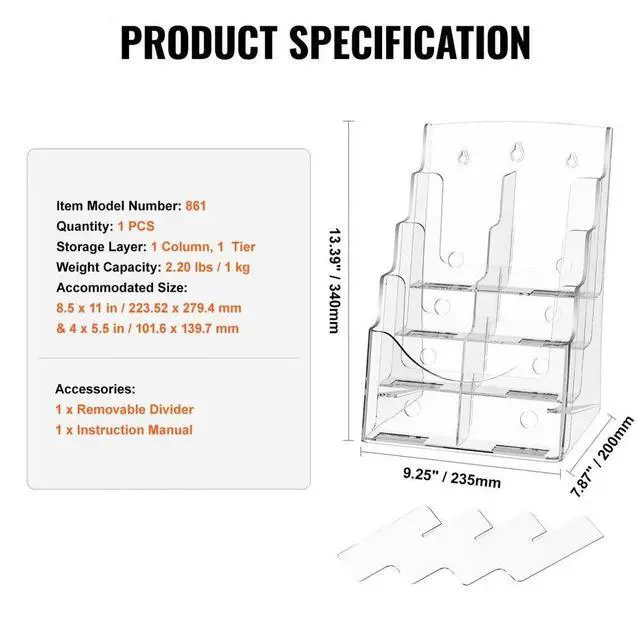 Alt view image 7 of 7 - VEVOR Acrylic Brochure Holder 8.5 x 11 inch, 4-Tier Clear Acrylic Literature Display Stand, Plastic Literature Organizer Flyer Stand & Removable Divider for Office Exhibition, Countertop or Wall Mount